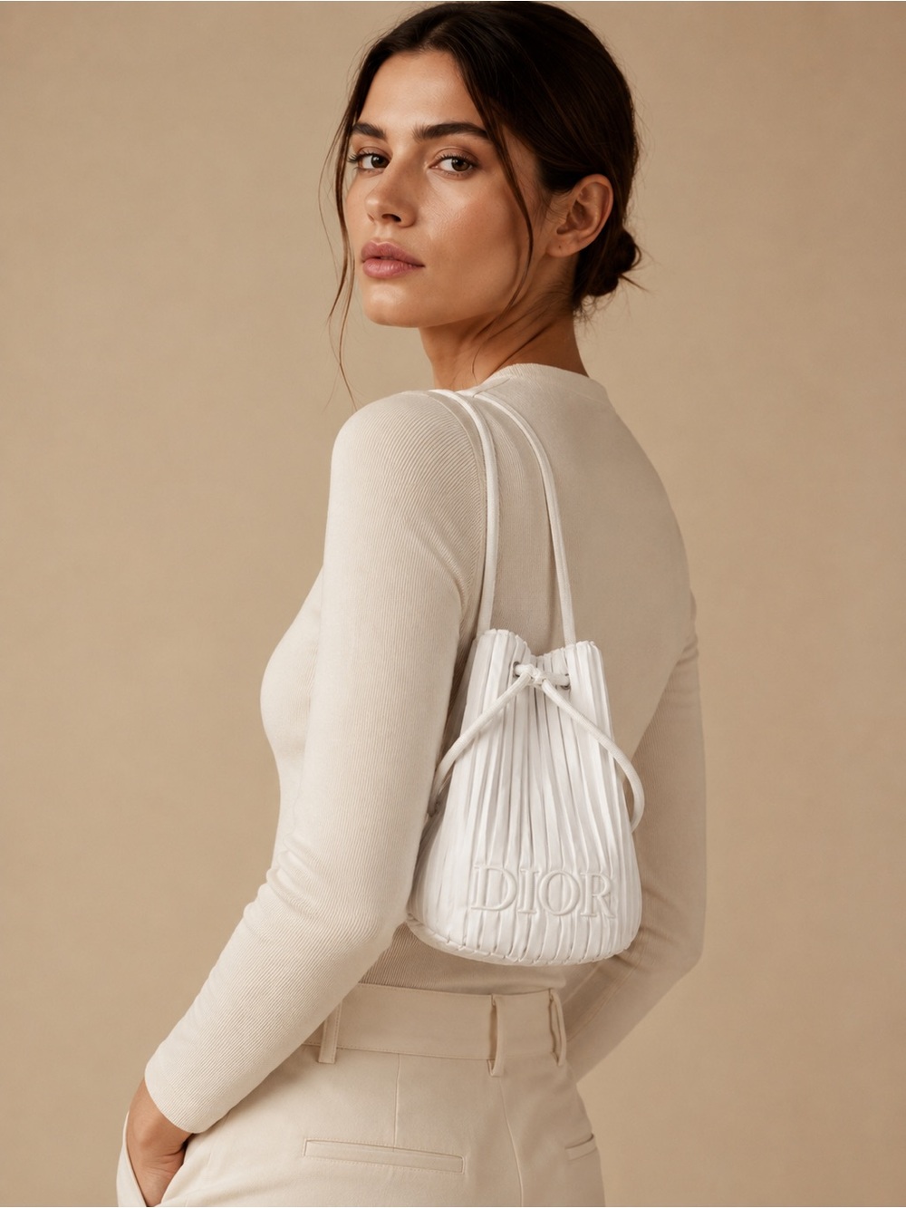 Dior Cream Pleated Drawstring Mini Shoulder Bag